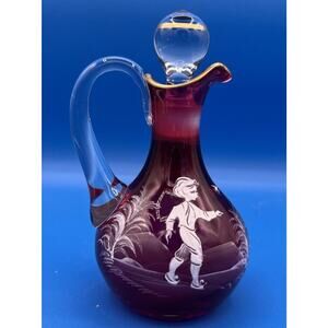 MARY GREGORY BOHEMIAN HAND PAINTED CRANBERRY GLASS CRUET MADE‎ IN CZECHOSLOVAKIA